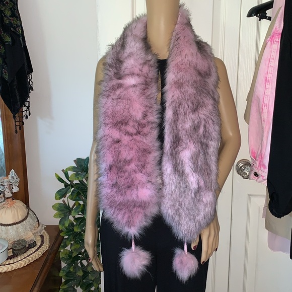 pink black Y2K vintage vegan FLUFFY fox fur pom pom wrap scarf - Picture 7 of 8